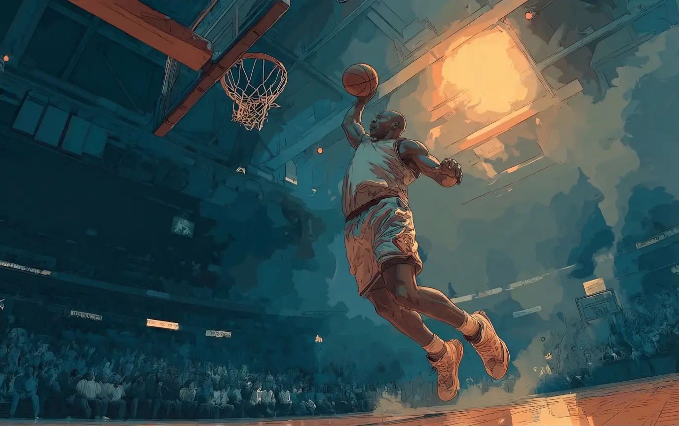 An illustration of a basketball player dunking in an arena.