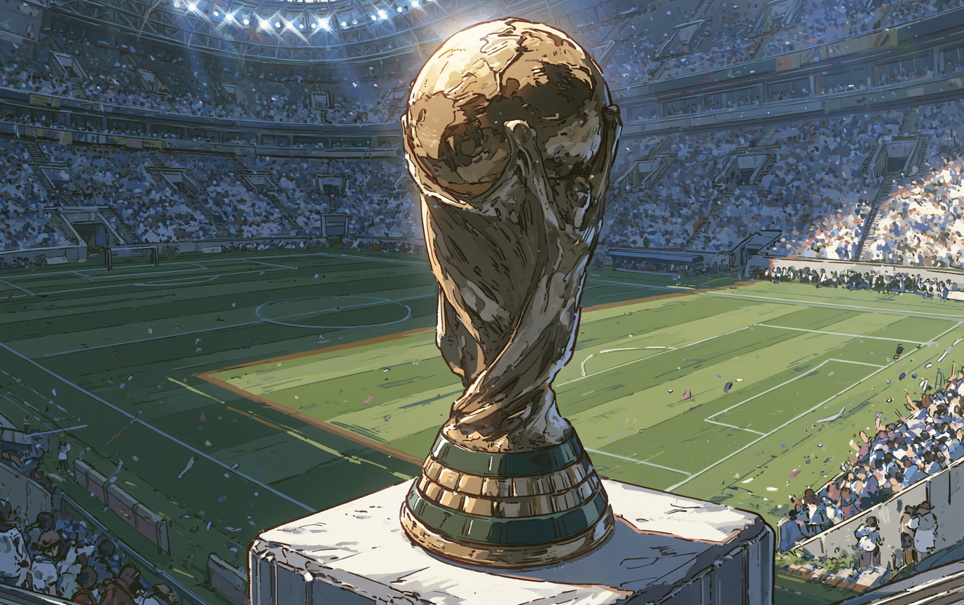 An illustration of the World Cup trophy in front of a packed soccer stadium.